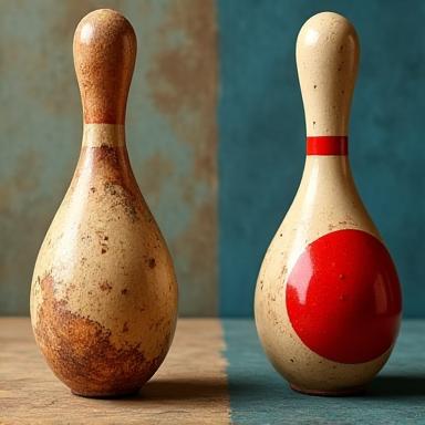 Attrezzatura da bowling vintage prima e dopo il restauro.