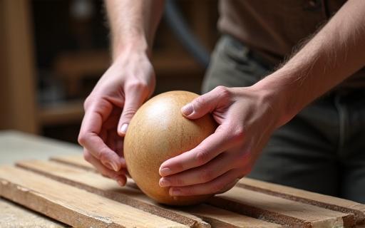 Mani esperte che ispezionano una tavola di legno grezzo.
