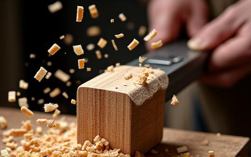 Trucioli di legno che volano da un blocco in lavorazione sul tornio.