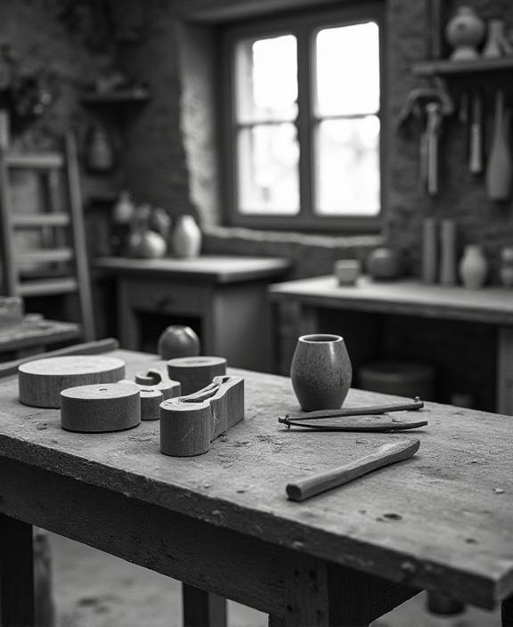 Foto in bianco e nero della prima officina della Confraternita negli anni '60.